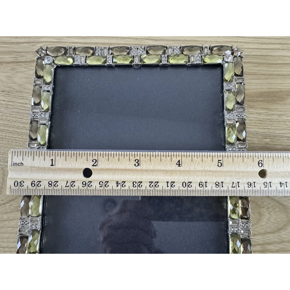 Jeweled 5x7 Picture Frame Green Brown Rhinestone Crystal Silver Tone Glam